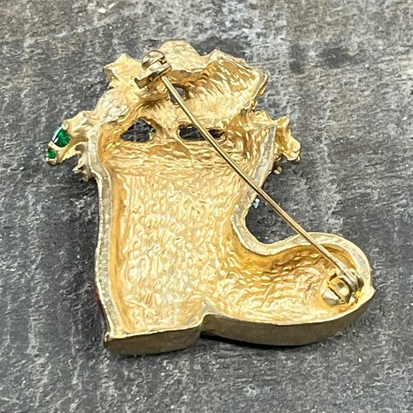 Vintage Jeweled Enamel Christmas Stocking Boot Gold tone Holiday Christmas - Picture 2 of 12
